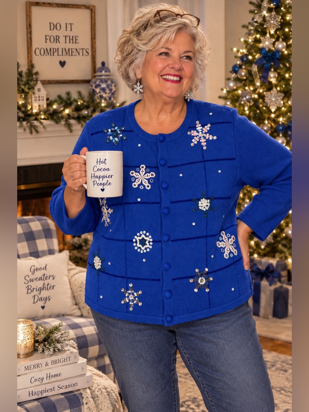 Quacker Factory Blue Snowflake Cardigan 2X Vintage
